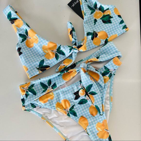 NEW NASTY GAL Blue White Gingham Lemon Plaid High Rise Vintage Cut Swim Bikini 0 - Picture 2 of 10